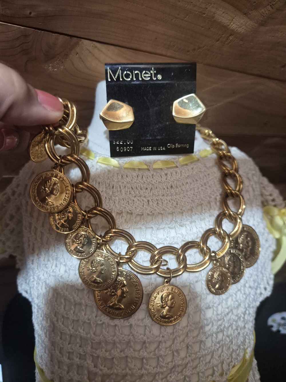 Monet Gold-Tone Coin Charm Link Necklace with Matching Clip-On Earrings